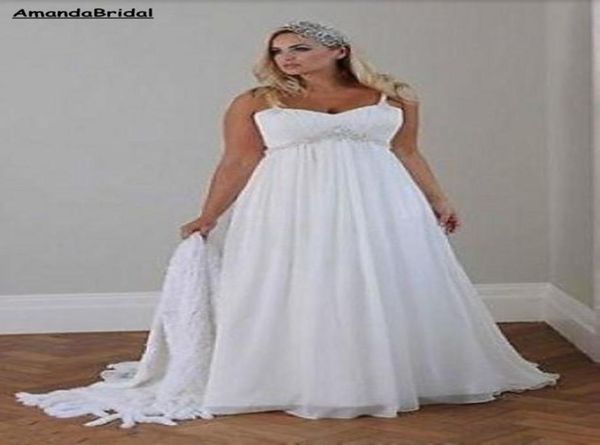 

amandabridal plus size casual beach wedding dresses 2021 spaghetti straps beaded chiffon floor length empire waist elegant bridal 1104580, White