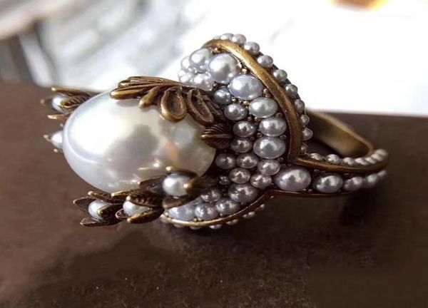 

brand fashion pearl jewelry for women vintage rings big pearl flower vintage party rings yellow brass jewelry colorful stone13771037, Golden;silver