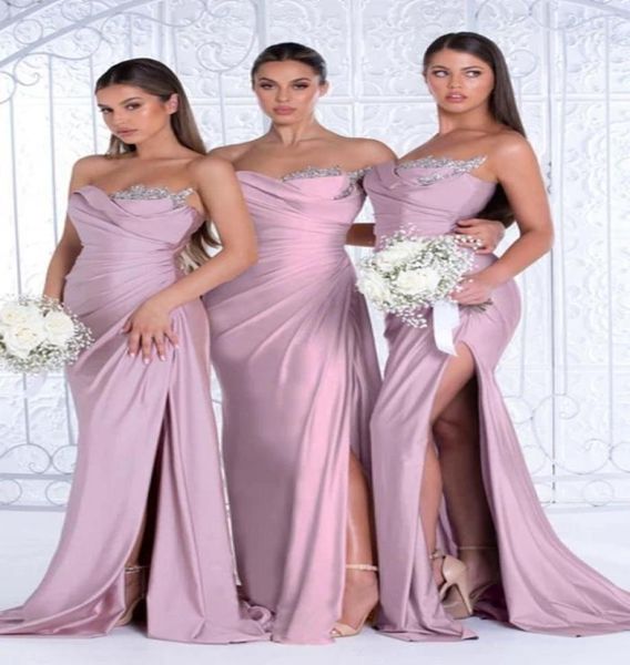 

side split satin bridesmaid dresses mermaid sweetheart appliques beads with pleats ruffles long maid of honor gowns custom ma5264890, White;pink