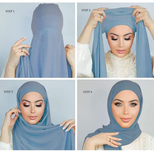 

hijabs muslim women chiffon hijab with cap bonnet instant chiffon hijabs pinless shawl head scarf underscarf caps cover headwrap 230717, Blue;gray