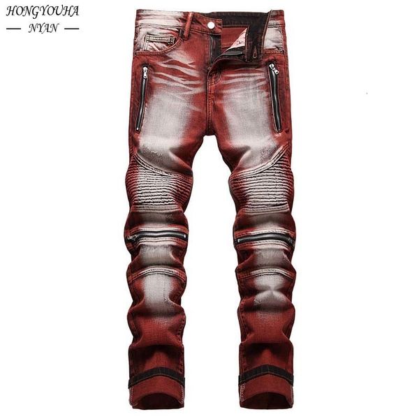 

men's jeans european and american style men's jeans motorcycle jeans elastic zipper fashionable decoration dyeing personalized y2k, Blue
