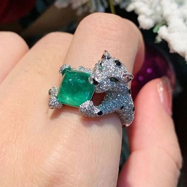 

wedding rings luxury emerald green agate zircon leopard rings animal panther ring with stone adjustable size for women copper party jewelry, Slivery;golden