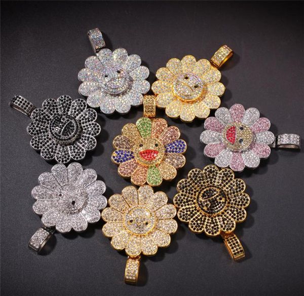 

rotating yellow white gold plated full rhinestone flower pendant necklace with cuban chain for men women gift1936931, Silver