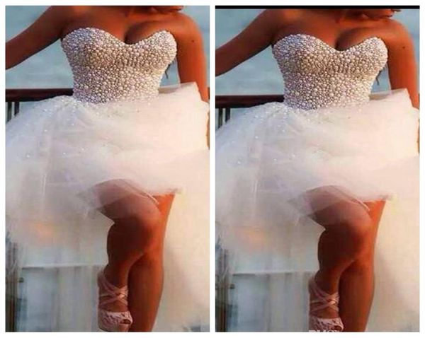 

spring 2019 sweetheart beaded pearls wedding dresses high low tulle skirt hilo bridal gowns beach spring vestidos de marriage wom1448299, White