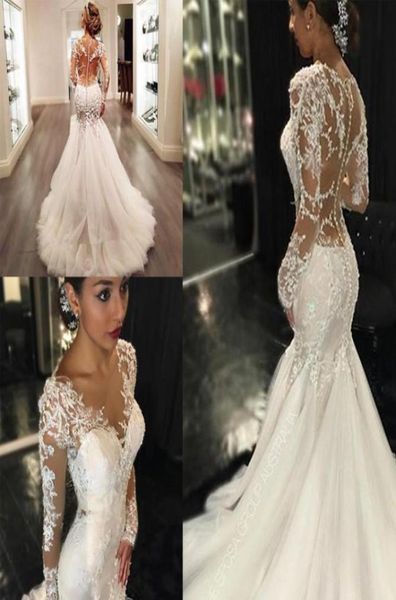 

backless mermaid wedding dresses sheer v neck long sleeves sweep train plus size bridal gowns custom made vestido de novia6485246, White