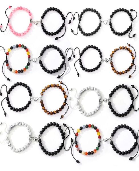 

2021 fashion 2pcsset natural stone bead strands heart magnet couple friendship bracelets yoga for women men lovers magnetic brace1361009, Black