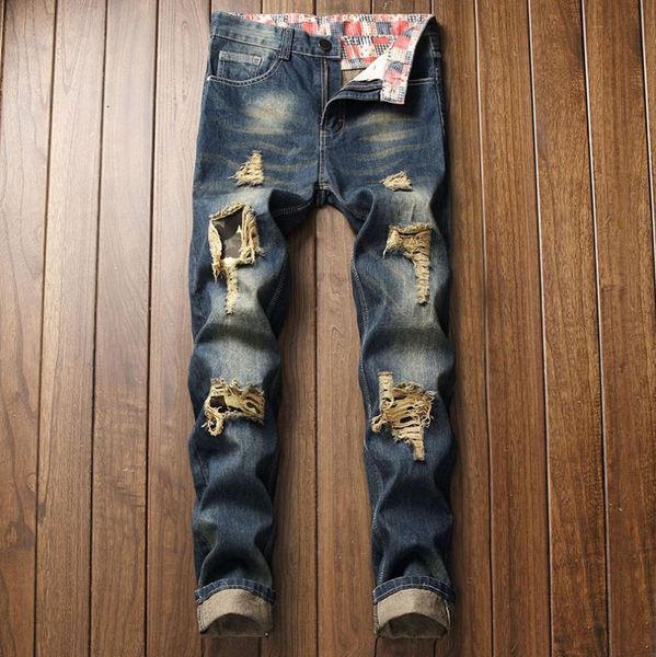 

men casual jeans denim vintage patchwork ripped jeans pencil pants elastic vintage mid waist 874254, Blue