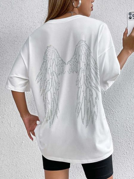 

women's fashion t-shirt wings rhinestone detail shoulder, White