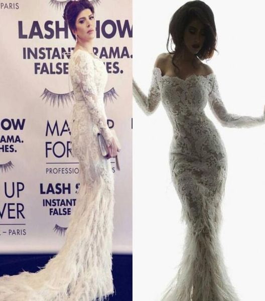 

2019 modest lace feather long sleeve fishtail prom party gowns dubai arabic offshoulder mmermaid occasion evening dresses yousef 4241975, Black