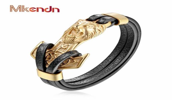 

whole mkendn new mens bracelets gold leo lion stainless steel anchor shackles black leather bracelet men wristband fashion jew6318491, Golden;silver