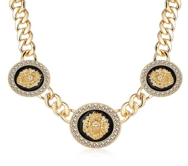 

hiphop lion head choker necklace gold color statement alloy crystal enamel pendant chunky chain costume jewelry 25502096, Silver