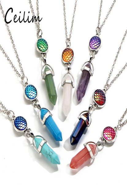 

fashion natural stone pendants necklaces for women silver color mermaid scales fish scale hexagonal column choker necklace jewelry5563301