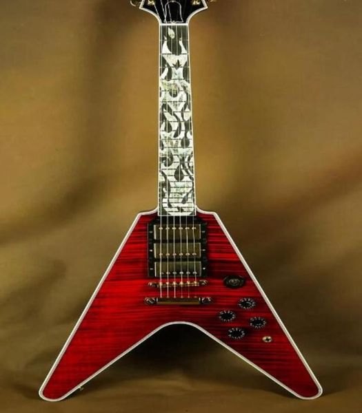 

rare flamethrower flying v ultima fire tiger cherry flame maple electric guitar white pearloid abalone flame inlay 3 humbuc2416403
