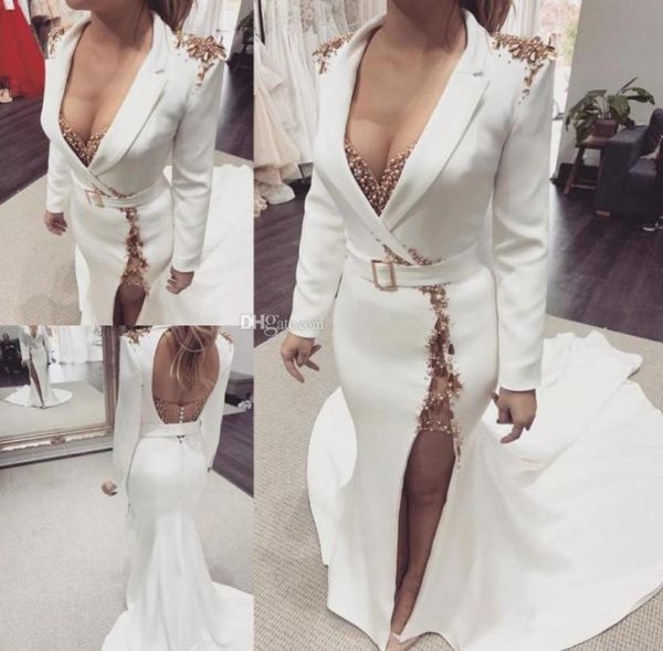 

elegant beaded mermaid backless evening dresses deep v neck long sleeves side split prom gowns sweep train satin formal dress3974341, Black;red