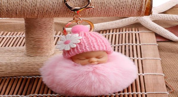 

winter cute fluffy pompom sleeping baby doll keychains soft faux fur ball pendant key chain car keyring cellphone charm4582263, Red;brown