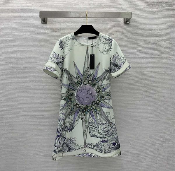 

womens designer clothing fashion dress nautical sails print bead and diamond luxury streetwear a-line fit round neck dresses women summer es, Black;gray