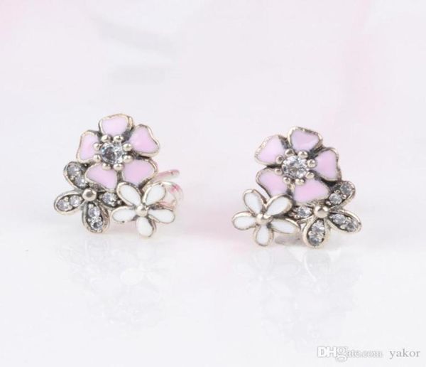 

new pink enamel flowers stud earring original box for 925 sterling silver women's earring set jewelry accessories8751985, Golden;silver