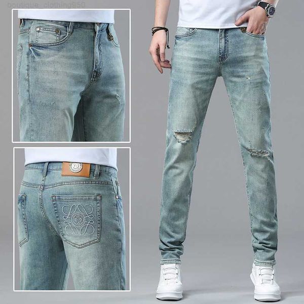 

designer jeans jeans men new slim fitting small straight tube stretch casual pants for young people with tattered holes, Blue
