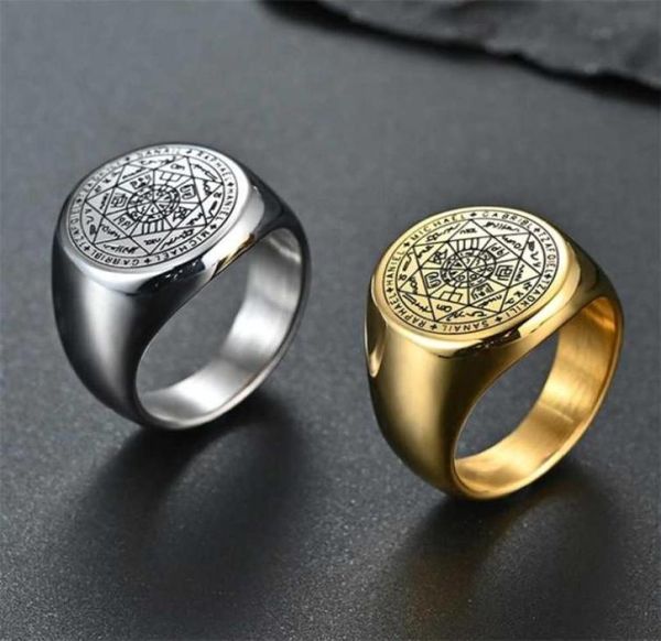 

the key of solomon rings stainless steel seal the seven archangels ring amulet male steel jewelry m4 21121753397579707531, Slivery;golden