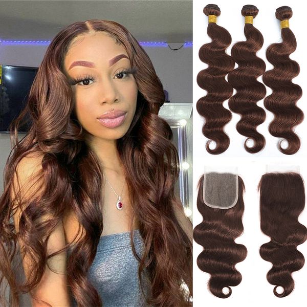 

#4 3 bundles with closure human hair natural brazilian body wave light brown color human hair weave bundles, Black;brown
