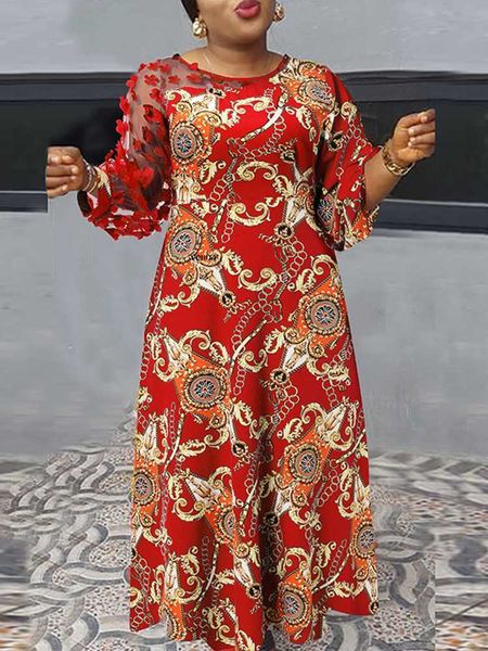

basic casual dresses vonda women's fashion print dress summer round neck long sleeve lace bohemian long dress vintage party sundress fe, Black;gray