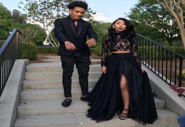

two pieces black prom dresses long sleeves high collar lace evening party gowns side split tulle a line dress5682297