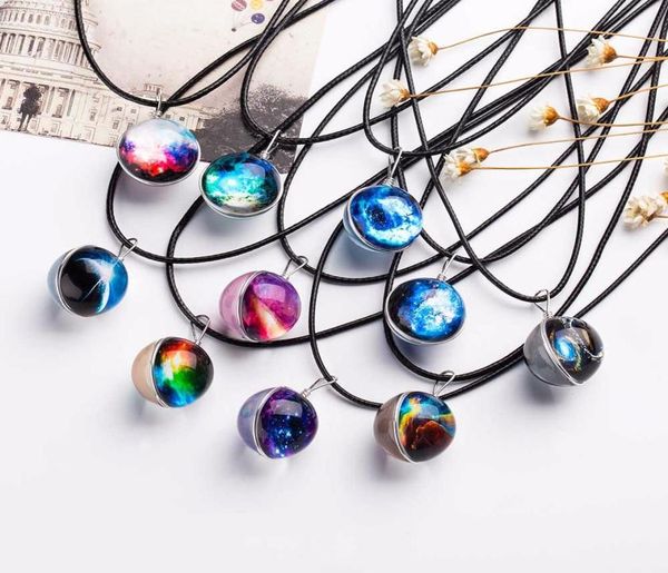 

nebula space universe galaxy necklace stars glass ball pendant crystal collares planet pattern leather pendant necklace for unisex4326845, Silver