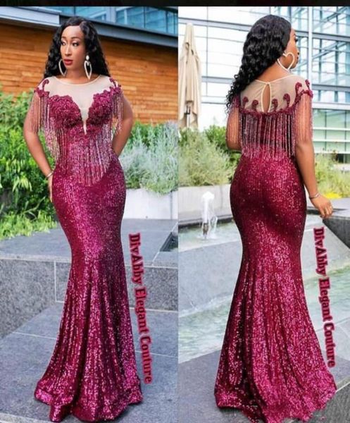 

amazing beading evening gowns burgundy sequined mermaid prom dresses party celebrity dress custom made sheer neck vestidos de fest7007574, Black;red