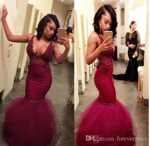 

2019 long red mermaid prom dress v neck open back applique formal holidays wear graduation evening party gown custom made pl2505599, Black