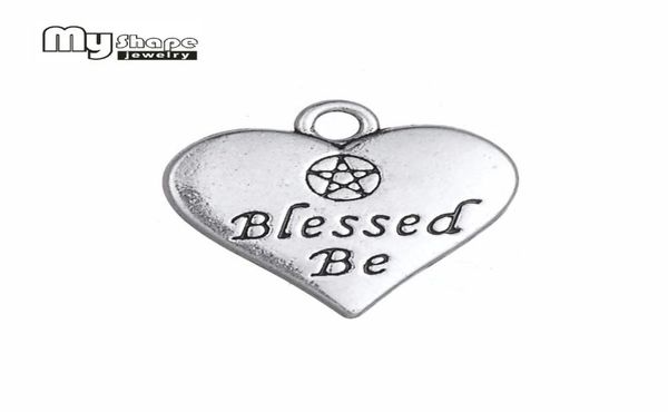 

my shape 20pcs heart charm double side letter blessed be wicca pentacle pentagram pendant for jewelry making antique silver tone5721014, Bronze;silver