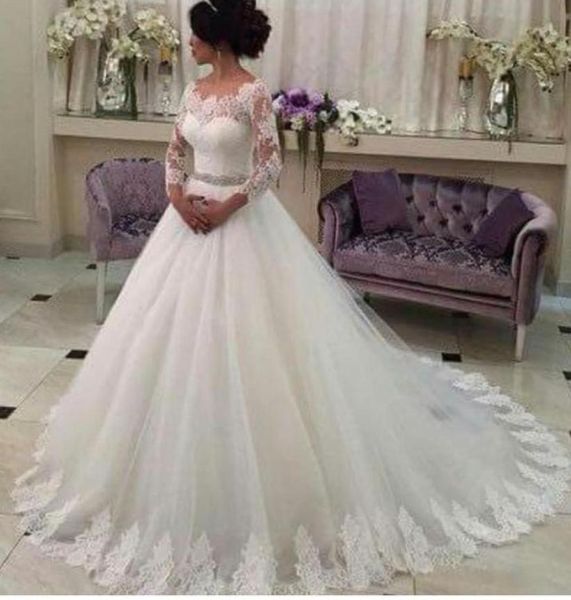 

2019 romantic ball gown wedding dresses ivory 34 long sleeves scoop neckline beaded belt lace trimmed tulle chapel train bridal g4562555, White