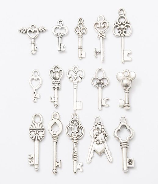 

150pcs mix vintage tibetan silver fashion metal alloy key charms antique bulk key pendants for bracelet necklace earring diy jewel1051881, Bronze;silver