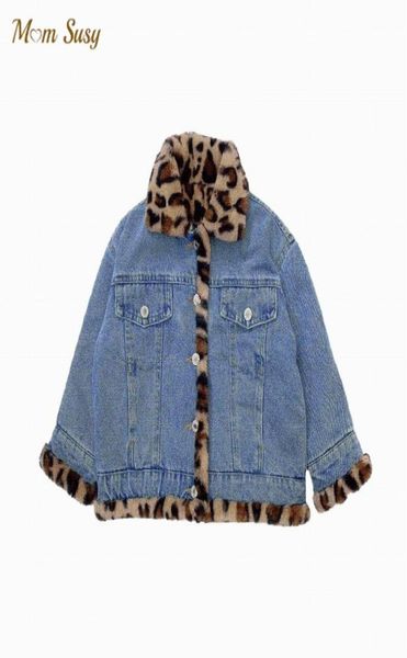 

jackets baby boy girl winter jean leopard fur reversible jacket thick infant toddler child coat snow suit warm clothes 110y1843089, Blue;gray