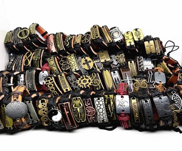 

100pcslot mix styles metal leather cuff punk jesus cross biker handmade bracelets men039s women039s jewelry whole l2703710, Black