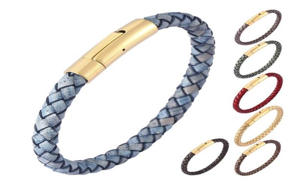 

handmade braid couple leather cuff bracelet gold stainless steel button buckle bracelets1870650, White