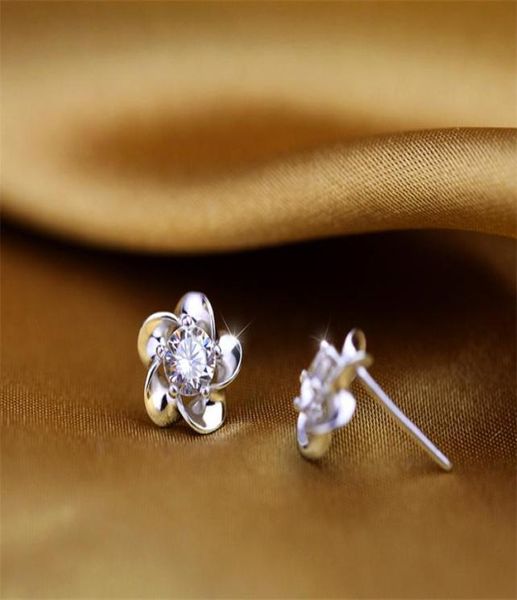 

elegant plum blossom 925 sterling silver shining diamond crown stud earrings jewelry beautiful wedding engagement gift 6702053, Golden;silver