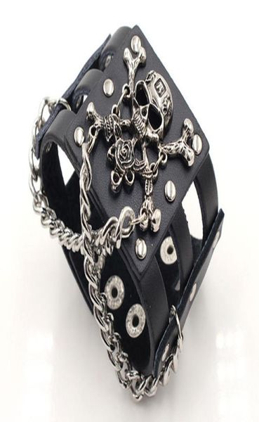 

rock rivet wide cowhide skull bracelet punk leather hollow cuff bangle black leather dance bracelet3396219, Golden;silver