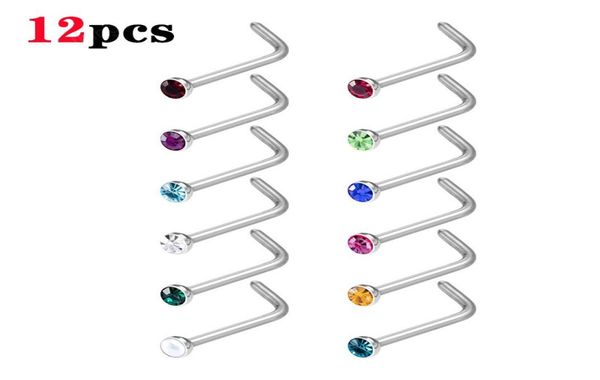 

crystal nose stud nariz piercing set l shape nose ring stainless steel 2mm gem nostril screw for women men body jewelry1827180, Silver