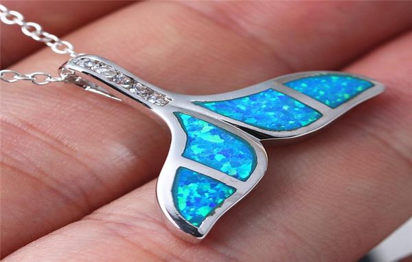 

crystal blue opal mermaid whale fish tail pendant necklace charm trendy jewelry gift for women1249135, Silver