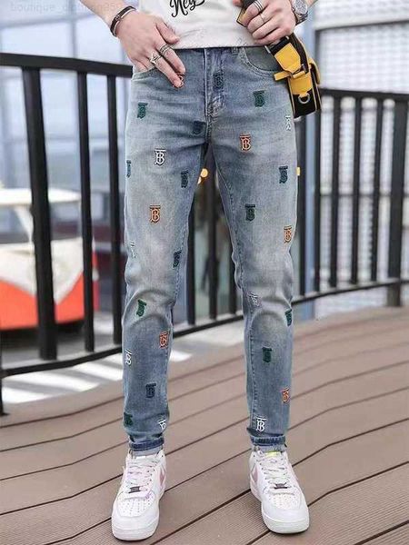 

designer jeans mens jeans summer new fashion versatile personality letter embroidery wash slim fit youth jeans, Blue