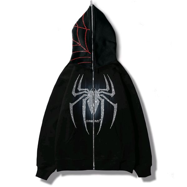 

autumn winter men's zipper warm black solid punk spider web rhinestone hoodie sweatshirt men's y2k hip hop sweatshirt hoodie