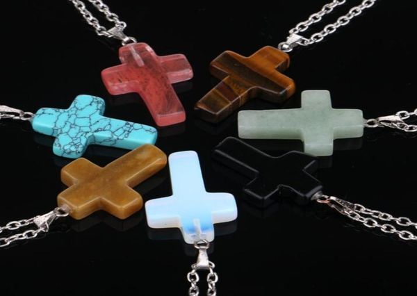 

natural gemstone pendant necklace drusy crystal healing chakra reiki silver stone hexagonal prisme cross charm chain necklaces for7329046