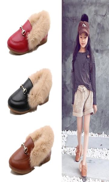 

kids fashion metal chain shoes winter warm boys girl black brown fur flat rubber nonslip leather velvet fluffy fur kids loafers6537568, Black;red