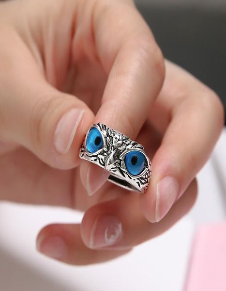 

women retro alloy blue eyes owl ring adjustable jewelry0126385528, Silver