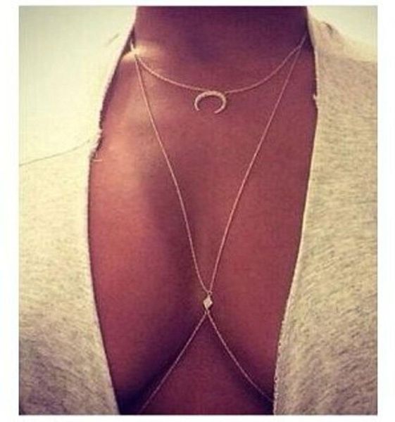 

gemin 2pieces1 piece as a gift bikini moon diamond crystal charm crossover harness waist belly body chain necklace1540416, Silver