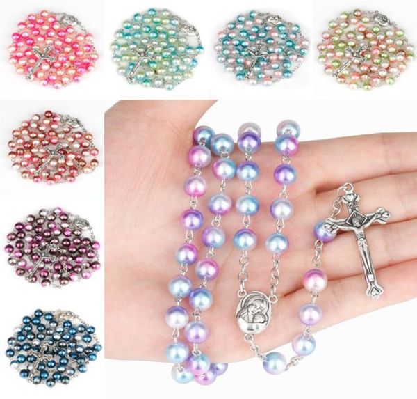

new colorful bead pearl necklaces for women catholic christian jesus cross rosary long pendant necklace religious jewelry 12 style4359964, Silver