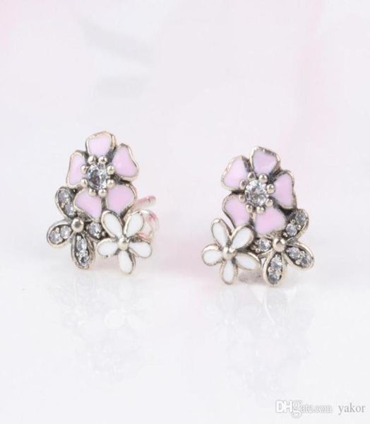 

new pink enamel flowers stud earring original box for 925 sterling silver women's earring set jewelry accessories1318662, Golden;silver