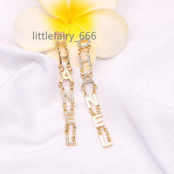 

18k gold plated luxury brand designers double letters stud long clip chain geometric famous women 925 silver crystal rhinestone earring wedd, Golden;silver