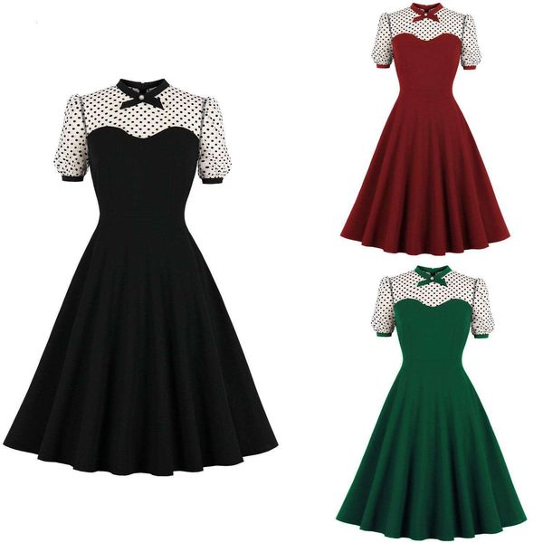 

womens mesh elegant polka dot stitching puffy retro big swing dress, Black;gray