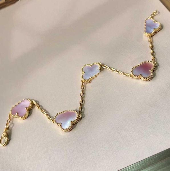 

s925 silver five flowers penant bracelet with pink shell for women wedding jewelry gift have stamp rhombus clasp ps48041853832, Golden;silver